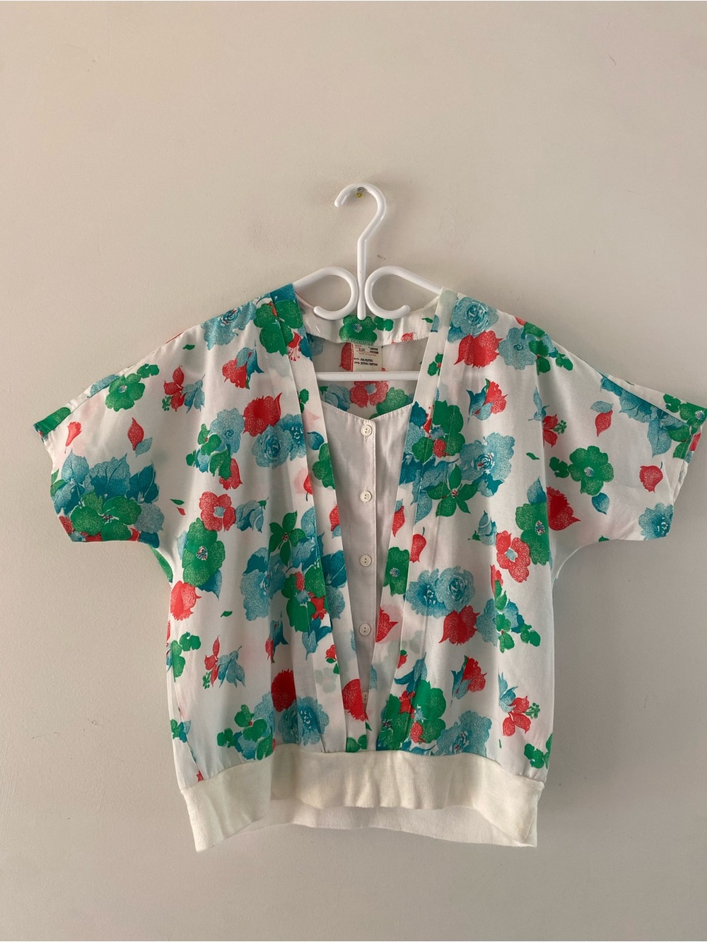 Vintage Floral Button-Front Top in White with Green & Blue Flowers